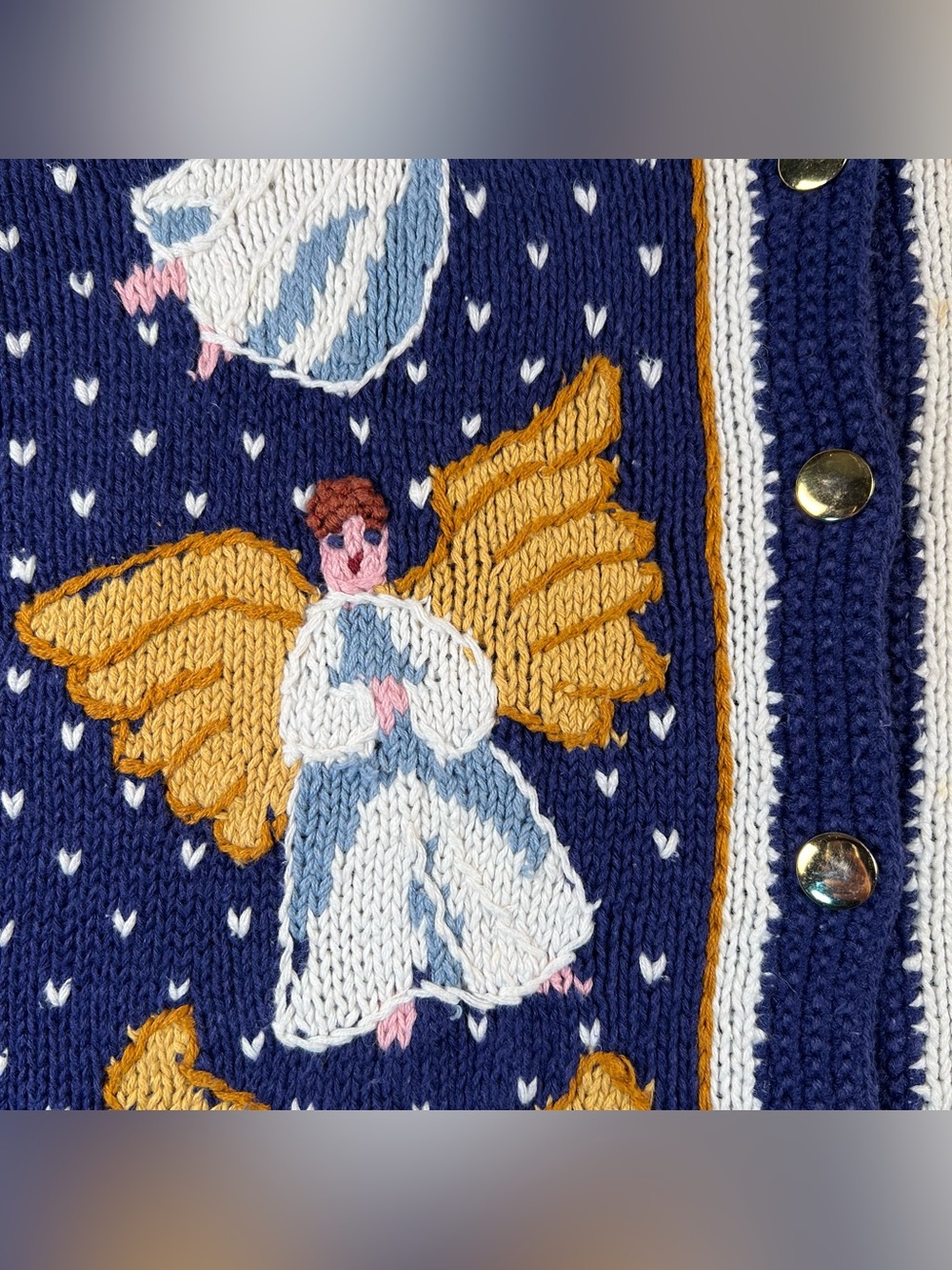 Vintage Orvis Sweater Cardigan Embroidered Angels Button Front Blue 14/16 - Picture 4 of 10